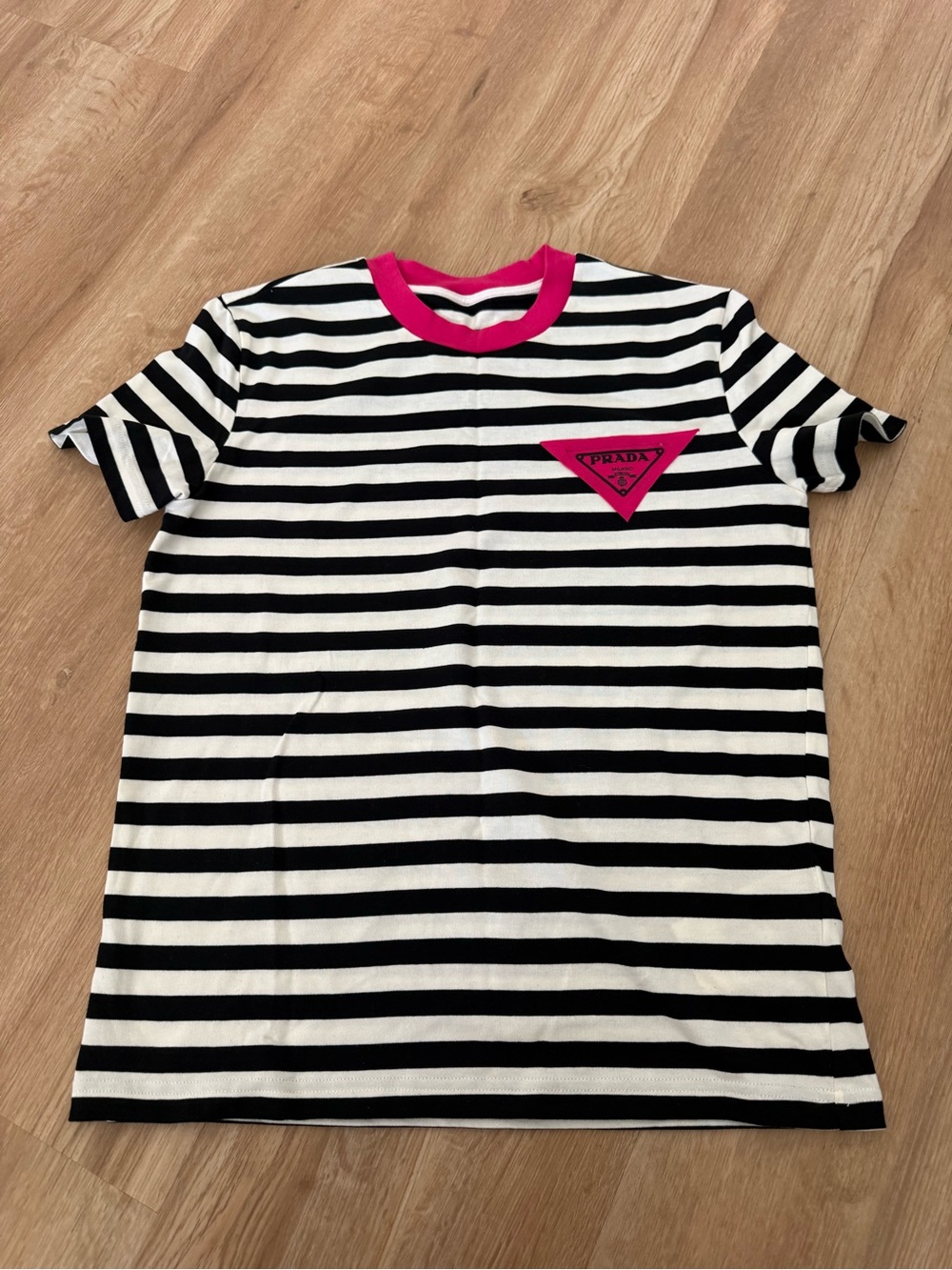 Prada Black & White Striped Tee with Pink Trim and Logo Patch